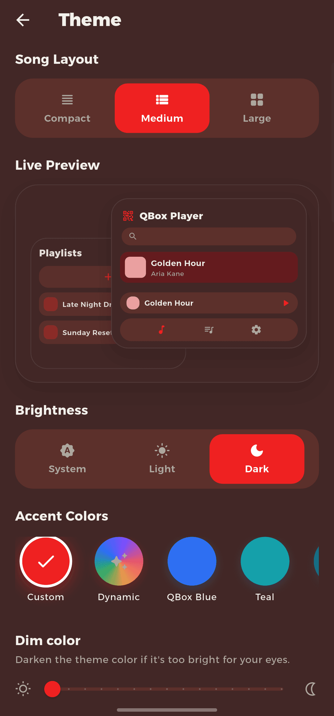 QBox Player — theme and layout settings