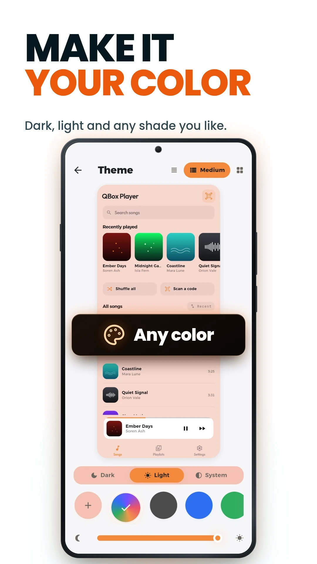 QBox Player — dark, light and any accent colour